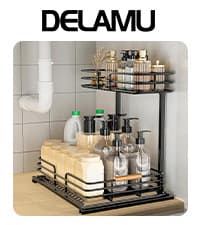 Delamu 2 Sets of 2-Tier Multi-Purpose Bathroom Under Sink Organizers and Storage, Stackable Kitchen Pantry Organization, Pull Out Medicine Cabinet Organizer with 8 Movable Dividers