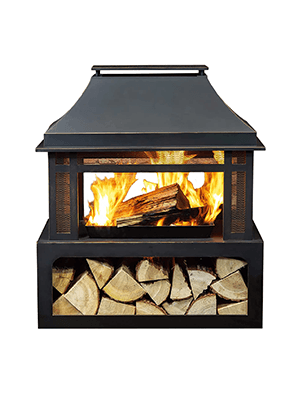 Outdoor Wood Burning Fireplace with Wood Storage and Removable Fire Grill - 40 Inch Large Metal Wicker Base Fire Pit for Patio Garden Deck Backyard, Black