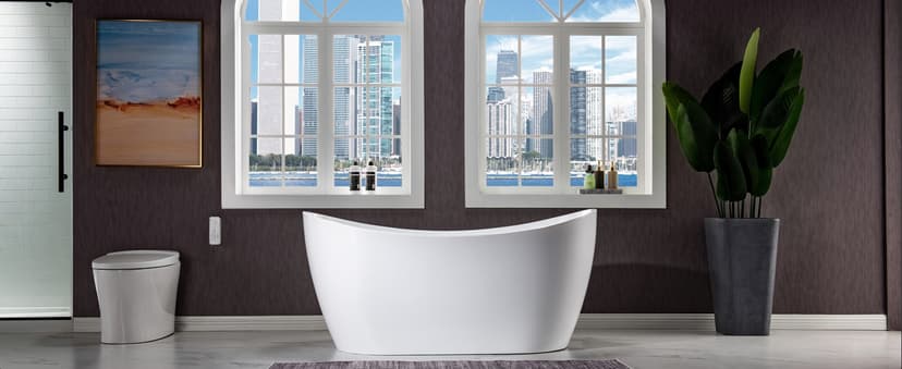 WOODBRIDGE 59" Acrylic Freestanding Bathtub Contemporary Soaking White Tub with Matte Black Overflow and Drain,B0016 -MB-Drain &O