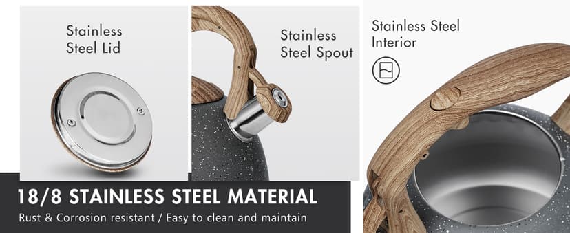 POLIVIAR Tea Kettle, 2.7 Quart Natural Stone Finish with Wood Pattern Handle Loud Whistle Food Grade Stainless Steel Teapot, Anti-Hot Handle and Anti-Rust, Suitable for All Heat Sources (JX2018-GR20)