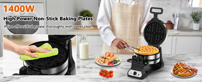 Waffle Maker, 1400W Belgian Waffle Maker, Double Waffle Iron 180° Flip, Rotating Nonstick Plates, Adjustable Browning Control, Locking Buckle & Cool Touch Handle, Removable Drip Tray, Stainless Steel
