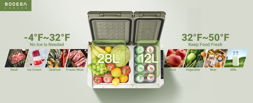 BODEGACOOLER 12V Portable Refrigerator, 42Quart (40L) Dual Zone Car Refrigerator, RV Car Fridge APP Control, -4℉-68℉Portable Freezer 12/24V DC 100-240V AC for Outdoor Camping Travel Vehicles Home Use