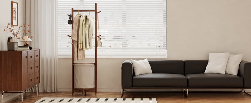 Solid Wood Coat Rack with Fabric Basket - Coat Hanger Stand Coat Tree Rack Freestanding with 9 Hooks Wheels, Small Clothes Rack For Entryway Bedroom Hallway Living Room