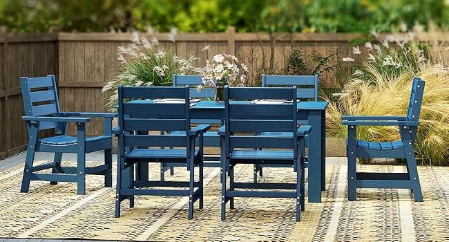 GREENVINES 7-Piece Outdoor Dining Set | HDPE | Patio Table and Chairs Sets for 6 | Patio Furniture | All Weather | Umbrella Hole | Blue| for Backyard Poolside Garden