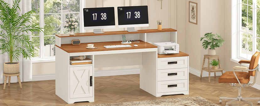 TVU Farmhouse Computer Desk with Drawers, 65'' Home Office Desk with Power Outlets, Storage Cabinet and Printer Stand, Study Writing Desks with Long Monitor Stand, White