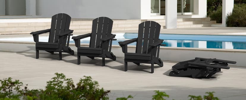 SERWALL HDPE Folding Adirondack Chair with Dual Cup Holder - Composite Adirondack Chair - Black