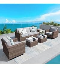 HDPE Outdoor Patio Furniture 4-Piece Set, All Weather Modern Patio Conversation Sets with Wood-grain Extended Table, Outdoor Patio Couch Set, Black Frame with Beige 4.7" Thick Cushions