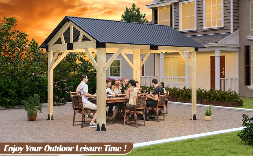 10' x 12' Wood Gazebo, Outdoor Cedar Hardtop Wooden Frame Gazebos with Galvanized Steel Roof for Garden, Patio, Deck