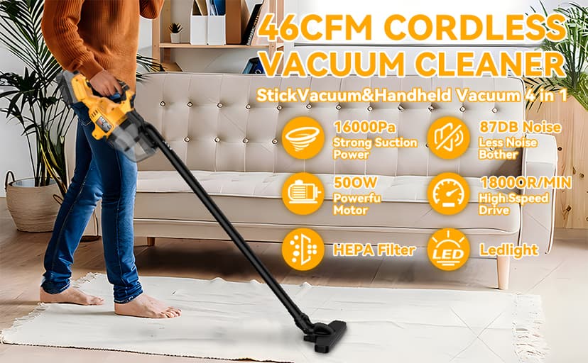 Cordless Vacuum for Dewalt 20V Battery, 5 in 1 Handheld Electric Vacuum Cleaner with 500W Powerful Motor, 46 CFM Portable Hand Vacuum with Filtration HEPA for Floor, Carpet, Car (Battery Not Included)