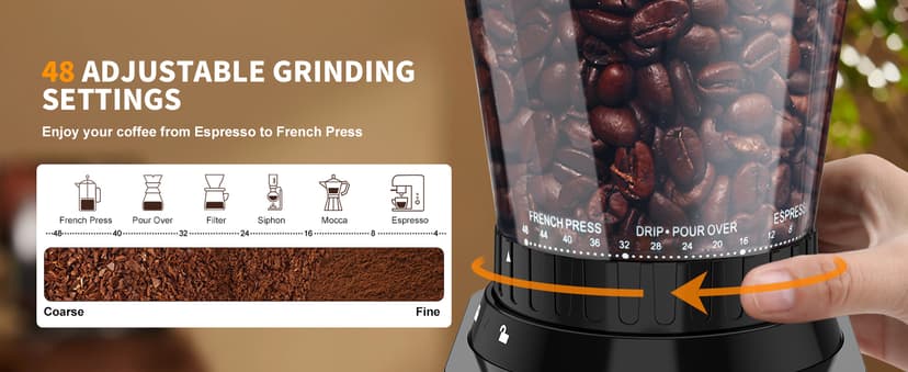 Conical Burr Coffee Grinder Electric, Espresso Coffee Bean Grinder for Home Use Adjustable 48 Grind Settings, 35s Precision Timer, Stainless Steel, Anti-Static for Pour Over/Drip/French Press