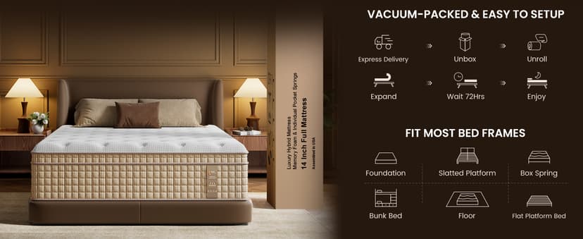 BedStory King Mattress 14 Inch Hybrid Plush Mattresses Gel Memory Foam & Pocket Spring Bed for Back Pain Relief, Fiberglass-Free, CertiPUR-US