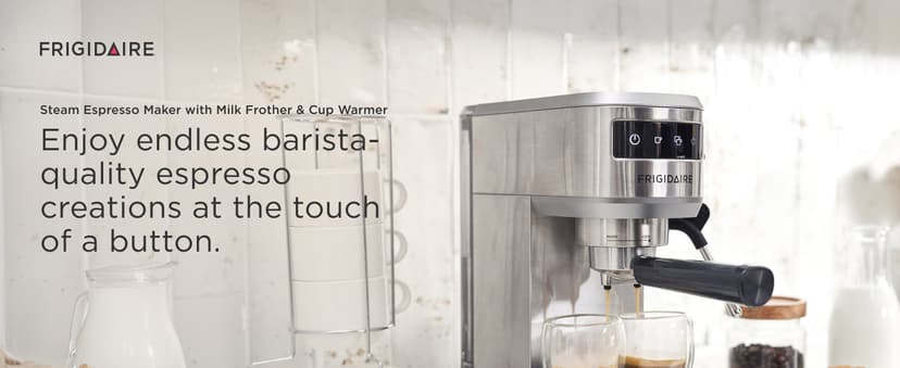 Frigidaire Steam Espresso Maker, Coffee Machine with Milk Frother & Cup Warmer, 20 Bar Pressure, 34 oz Removable Water Tank, Single or Double Shot, Stainless Steel