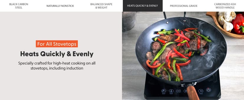 GreenPan Carbon Steel Wok 14”, Flat Bottom, Durable Stir-Fry Pan, Pre-Seasoned Nonstick Patina, High Heat Retention, Induction, Ash Wood Handle, Kyoto, Black