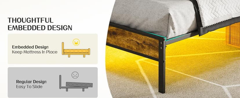 Queen Bed Frame with Headboard, Metal Platform Bed with Smart LED Lights and USB Charging Station, Easy Assembly, No Box Spring Needed
