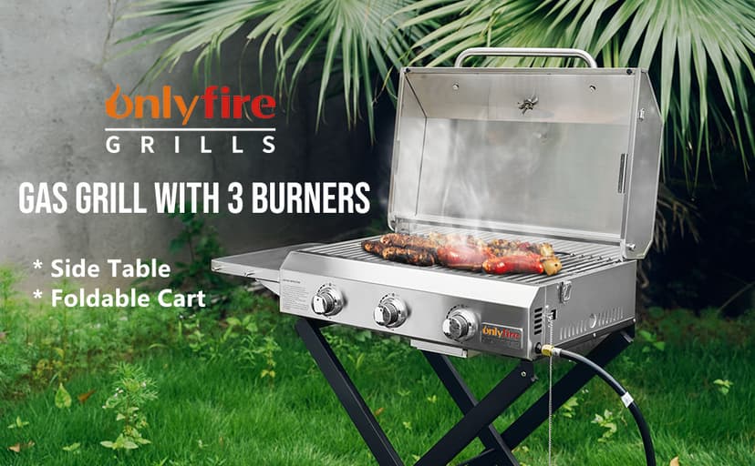 Onlyfire BBQ Gas Grill 3-Burner with Foldable Cart & Side Table, Portable Propane Grill with Lid for Outdoor Patio Backyard Barbecue Camping Tailgating RV Trip, Stainless Steel, GS308