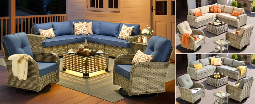 HOOOWOOO Outdoor Sectional Patio Furniture Set,9 Pieces Wicker Conversation Sets L Shaped Couch,Extra Deep Out Door Sofa Outside Furniture with Rocking Chairs,Beige