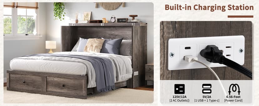 Murphy Bed Queen Size, Cabinet Bed with Charging Station Large Storage Drawer for Home Office or Small Room, Hideaway Bed Full Foldable Platform Bed, Rustic Grey
