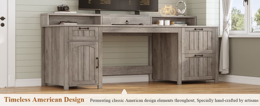SEDETA Farmhouse 63" Executive Desk, Wood Computer Desk with Drawers and Storage Cabinet, Home Office Desk with File Drawer and Monitor Stand, Wood Desk for Work Study Writing, Grey
