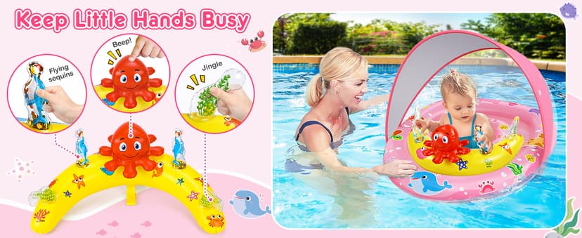 EZIGO Baby Pool Float with Canopy UPF50+ Sun Protection, Inflatable Kids Pool Floats with Ocean Animal Toys for Baby 6-36 Months, Infant Swimming Float with Adjustable Safety Seat for Boys Girls