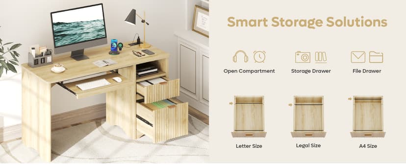 Bestier Computer Desk with Keyboard Tray, 55 inch Office Desk with Power Outlet, Modern Home Office Desk with File Drawer (Natual Oak, 55" W with Single-Sided Drawers)