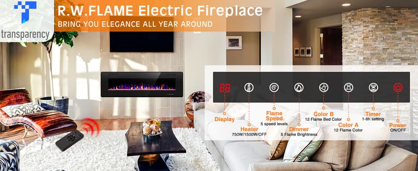 R.W.FLAME 60" Recessed and Wall Mounted Electric Fireplace, Low Noise, Fit for 2 x 6 Stud, Remote Control with Timer, Touch Screen, Adjustable Flame Color and Speed, 750-1500W