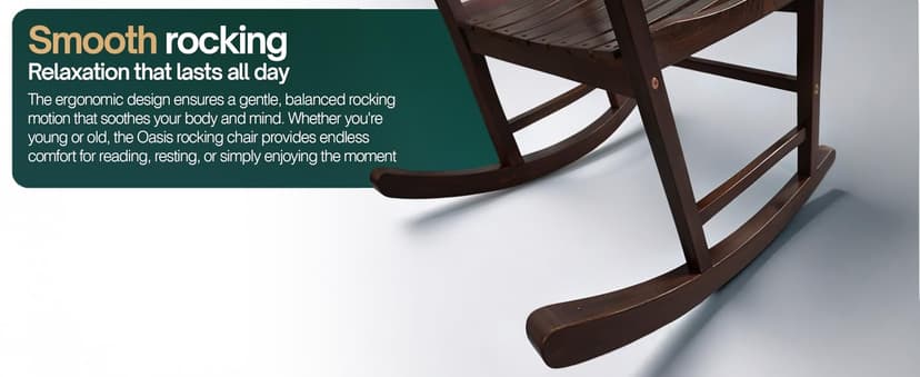 Tranquillo Oasis Wooden Rocking Chair for Patio, Porch, or Indoor Use – Classic Acacia Wood Rocker with Sturdy Frame, Comfortable Slatted Seat, Smooth Rocking Motion – Farmhouse Outdoor Chair