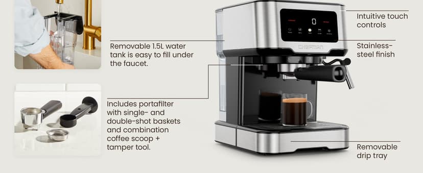 Chefman CraftBrew Espresso Machine, 15-Bar Pump Digital Espresso Maker w/Steam Wand for Latte & Cappuccino, Compact Espresso Coffee Machine w/ 1.5L Removable Water Reservoir - Stainless Steel