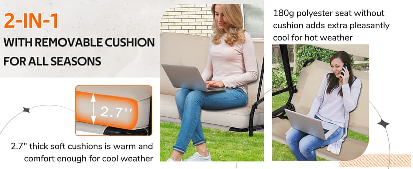 AECOJOY Outdoor Patio Swing Chair for Adults, 2-Seat Porch Swings with Adjustable Canopy, Outside Swing Bench with Removable Cushion, Suitable for Backyard, Garden, Yard, Poolside, Balcony (Beige)