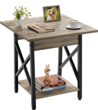 GreenForest End Table with 2-Tier Storage Shelf, 24 inch Large Side Table for Living Room,Modern Nightstand for Bedroom Bedside Office Farmhouse, Grey Wash