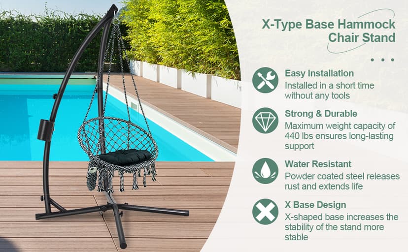 Hanging Hammock Chair Stand Swing Chair Stand for Indoor/Outdoor,C-Type Solid Steel Heavy Duty Hammock Chair Stand,Weight Capacity 440 Lbs Hanging Chair Stand Only Black AD333