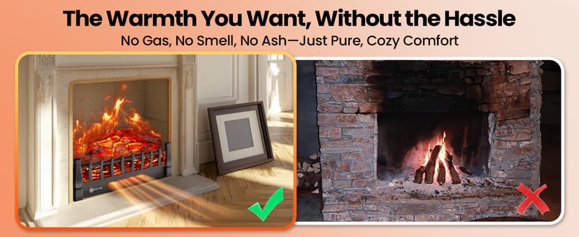 Electric Fireplace Logs Inserts Heater with Infrared Remote Controller 5 Flame Brightness 24 H Timer Overheating Protection for Home and Office Decor Black