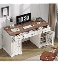 56" Large Modern Executive Desk, Farmhouse Computer Desk with File Drawers, Wood Home Office Desks with Charging Station, Adjustable Shelf, Storage Cabinet, for Writing Work Study (Black)