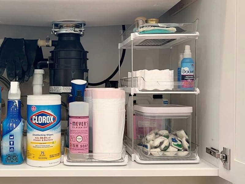 Delamu 2 Sets of 2-Tier Multi-Purpose Bathroom Under Sink Organizers and Storage, Stackable Kitchen Pantry Organization, Pull Out Medicine Cabinet Organizer with 8 Movable Dividers