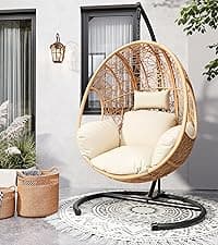 Oversized Hanging Egg Chair Outdoor Indoor, Wicker Swing Egg Chair with Stand 400lbs Capacity for Bedroom, Patio, Garden and Balcony (Beige-nest, Oversize)
