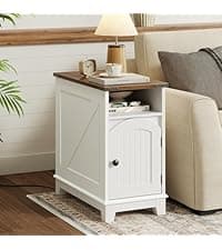 HOOBRO Farmhouse End Table with Charging Station, 23.6" Large End Tables for Living Room, Sofa Side Table with Barn Door, Wooden Square Nightstand Bedside Table, Flip Top, White and Walnut WH601UBZ01