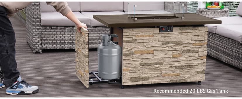 43" Propane Fire Pit Table Outdoor Stone Firepit Table Rectangular 50000 BTU Propane Fire Tables for Outside Patio with Wind Guard, Table Lid, Fire Beads, Cover,Pizzello Caldo (Buff)
