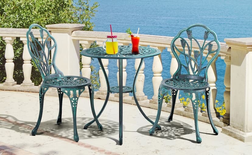 Yaheetech Patio Bistro Sets 3 Piece Cast Aluminum Bistro Table and Chairs Set, Cast Aluminum Bistro Table and Chairs Set of 2 with Umbrella Hole for Patio Backyard Balcony, Green