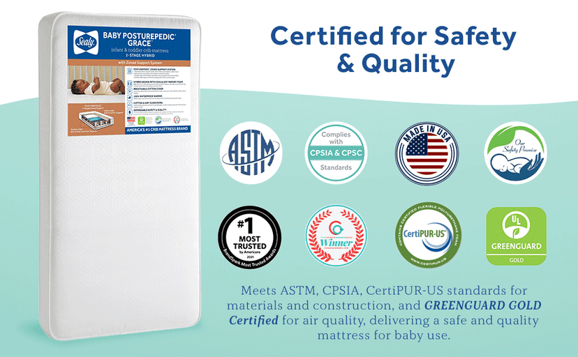 Sealy Baby Posturepedic Grace Hybrid - Firm 2-Stage Crib Mattress with Breathable Waterproof Barrier - GREENGUARD Gold Certified, Soy-enhanced Foam for Infants and Toddlers, Made in the USA (52x28")