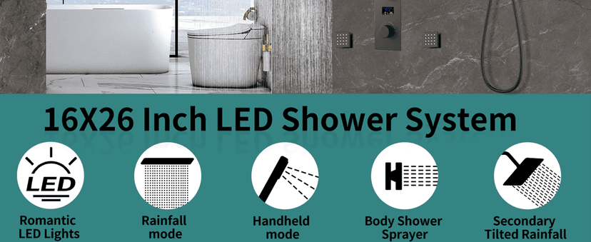 Matte Black Dual Shower Heads Shower System with 26"X16" LED Rainfall Shower Head and 8" Side Showerhead,Digital Display Shower Faucet Set with 6 PCS Body Jets and Handheld Spray