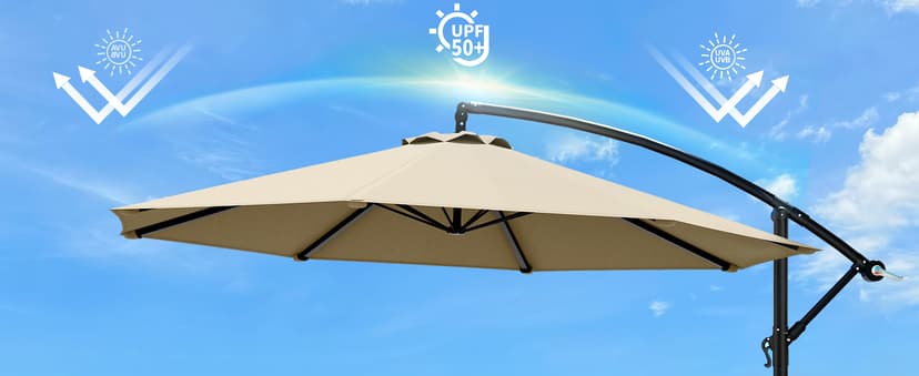 10ft Patio Umbrella with Base Included, Outdoor Offset Cantilever Umbrella w/Upgraded Yarn-dyed Fabric Shade, Sturdy 8 Rids, Easy Tilt Adjustment, for Pool Deck Porch Backyard Garden,Beige