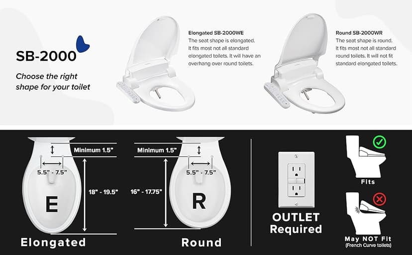 SmartBidet SB-2000WE Electric Bidet Toilet Seat with Heated Seating, Warm Air Dryer, Temperature Control Wash, and Control Panel, Elongated Seating