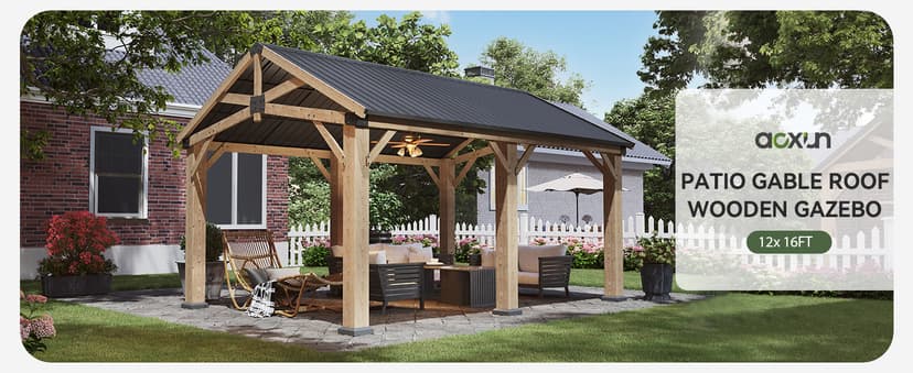 Aoxun 12' x 16' Outdoor Wood Gazebo, Hardtop Gazebo Permanent Wooden Pavilion with Galvanized Steel Gable Roof, for Patio, Garden, Deck, Cedar Wood
