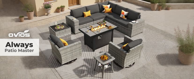 ovios 10 Pieces Patio Furniture Set, Outdoor Wicker Sectional Sofa with 42" Fire Pit Table Swivel Chairs, Modern Modular Deep Seat Rattan Couch Conversation Sets, Black