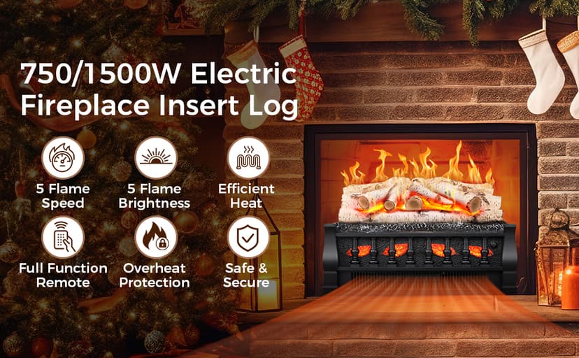 21 Inches Electric Fireplace Insert Log Heater, 5 Flame Brightness, Multiple Flicker Speed, 750w/1500w Heating, Remote Control, Auto Shut Off
