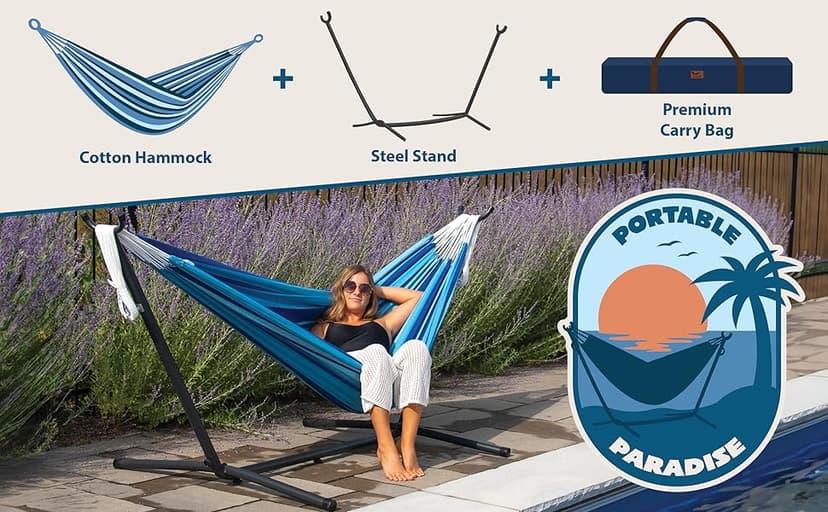 Vivere Double Cotton Hammock with Space Saving Steel Stand, Upgraded Polyester End Strings 450 lb Capacity - Premium Carry Bag Included - USA Grown Cotton (Natural)
