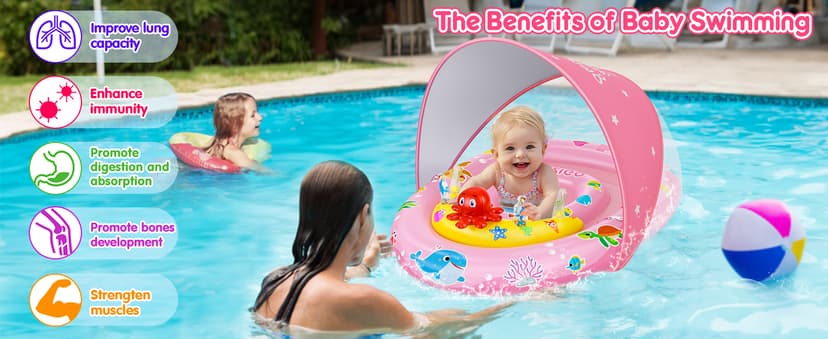 EZIGO Baby Pool Float with Canopy UPF50+ Sun Protection, Inflatable Kids Pool Floats with Ocean Animal Toys for Baby 6-36 Months, Infant Swimming Float with Adjustable Safety Seat for Boys Girls