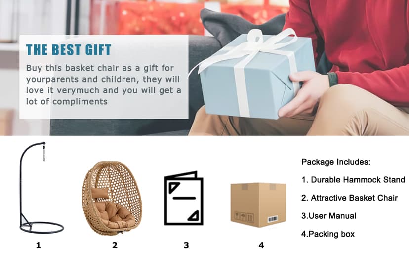 Hanging Egg Chair with Stand & Cushions, Outdoor and Indoor Hammock Rattan Swing Chair 350 lbs Capacity with Aluminum Steel Frame for Patio, Balcony, Backyard and Living Spaces (Light Brown)