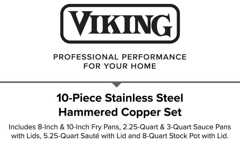 Viking 3-Ply Pots and Pans Set, 10 Piece Copper Kitchen Cookware with Glass Lids, Hammered Copper