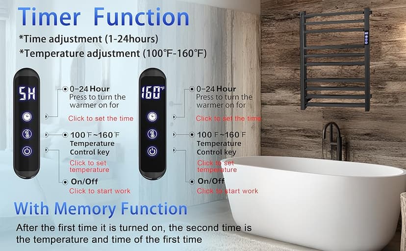 Black Towel Warmer Rack for Bathroom with Timer/Fahrenheit Display Electric Heated 10 Bars Drying Rail Plug-in or Hardwired Wall Mounted Heating Bath Towel Warming(Matte Black)