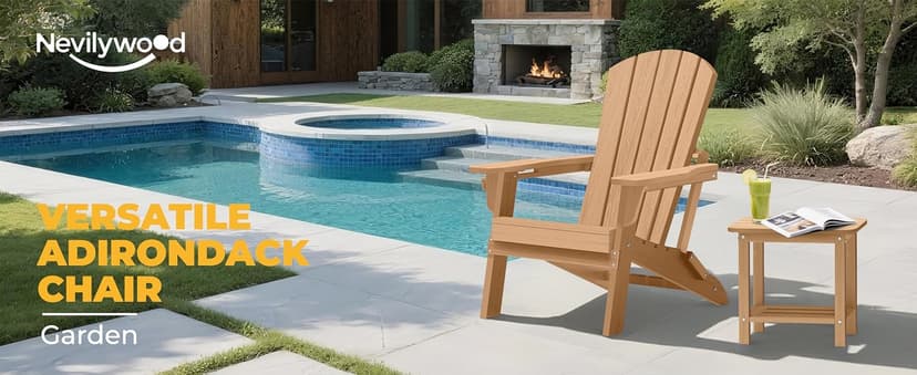 nevilywood Folding Adirondack Chair - Extended Ergonomic Backrest, Cup Holder - Easy Assembly - Durable HDPE Plastic, Weather Resistant & Maintenance-Free - Lawn, Patio, Deck Supports 400lbs Teak